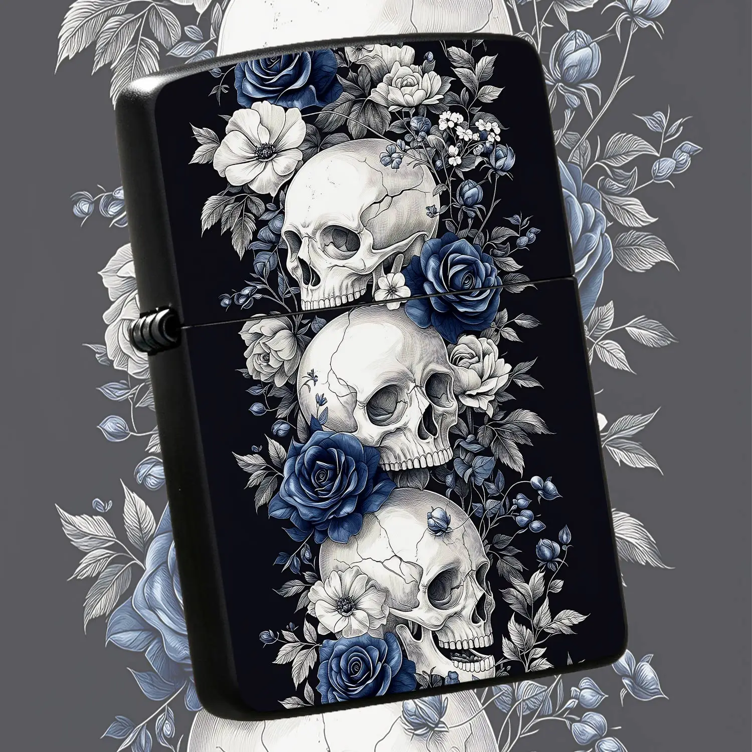 Vintage Dark Aesthetic Lighter With Stacked Skulls Blue White Rose Floral Pattern Artistic Decorative Pocket Accessory Ideal For Daily Multi Scenario Use Unique Stylish Gift For Friends Personal Collectible Ornament A Humorous And Interesti