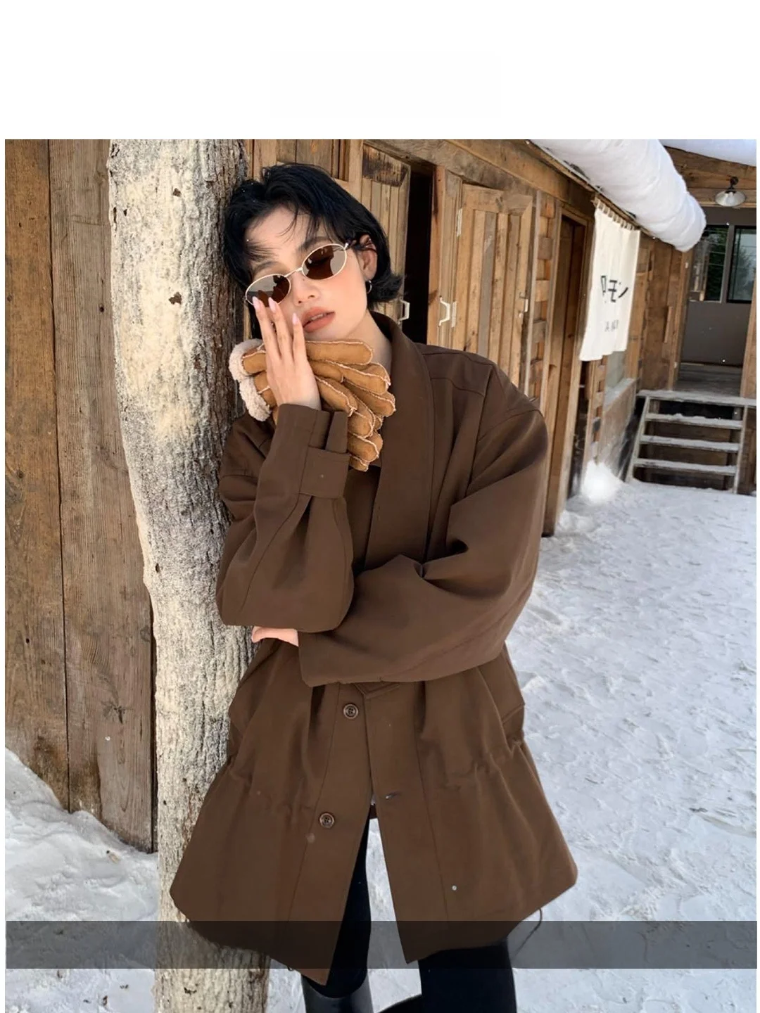 

LOOMIE Winter New Mid-Length Suede Feel down Jacket Women's Retro Stand Collar Back Drawstring Warm Fashionable Outerwear