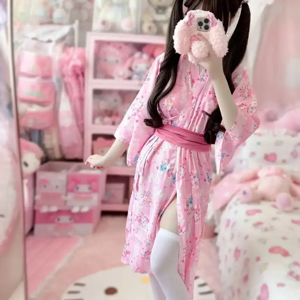 Japanese Cartoon Mp Jojifuku Yukata Cotton Kimono Autumn Sweet Girl Cute Bow V-neck Lolita Robe Three-quarter Sleeve Bathrobe