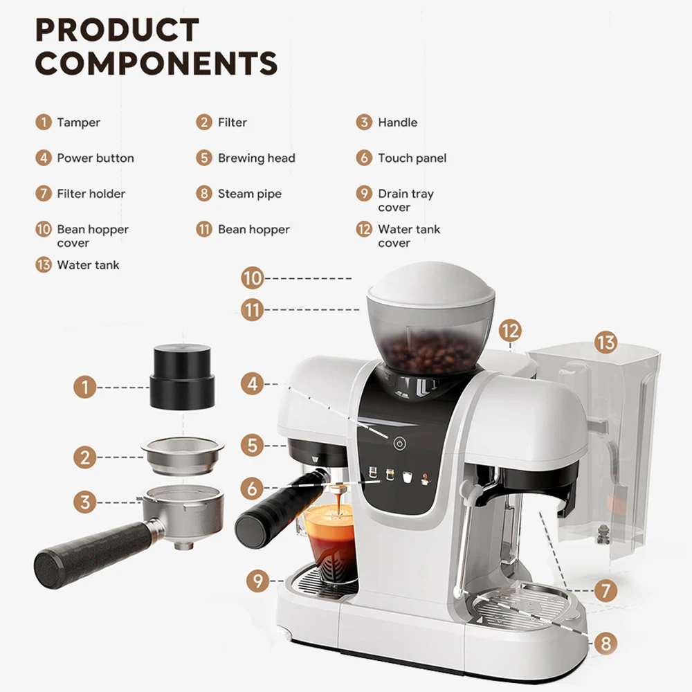 iCafilas Semi Automatic Espresso Coffee Machine 3in1 Coffee Maker with grinding and frothing milk