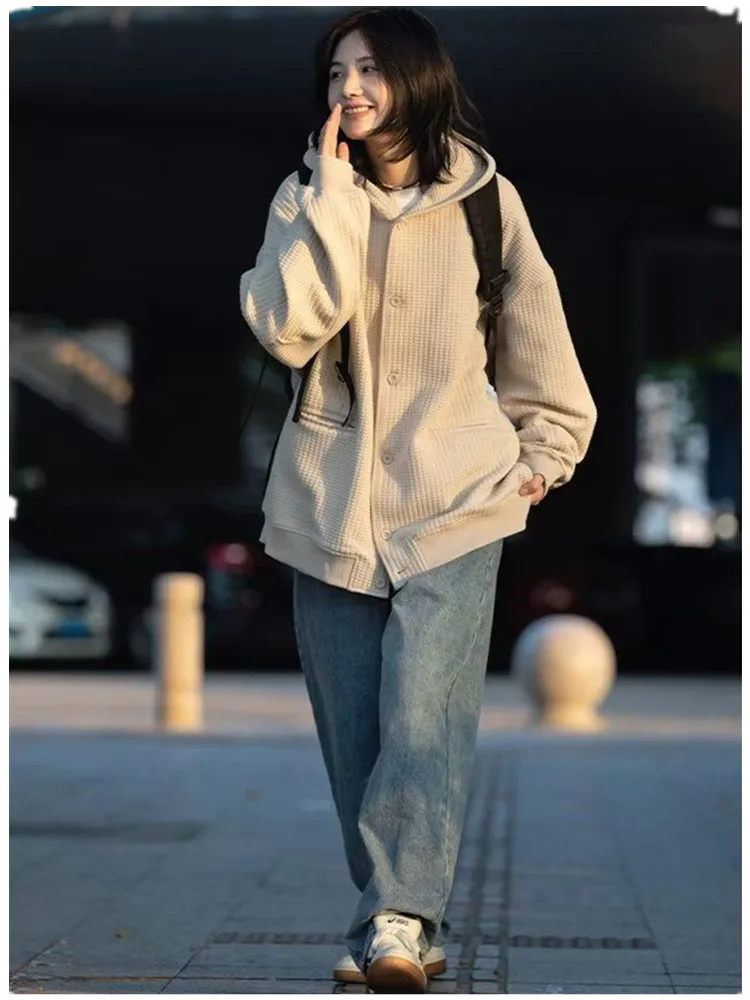 Unisex Oversized Hoodies Waffle Solid Women Sweatshirt Vintage Cotton Men Cardigan Coat Hooded Loose Trend Sweatshirt B0053