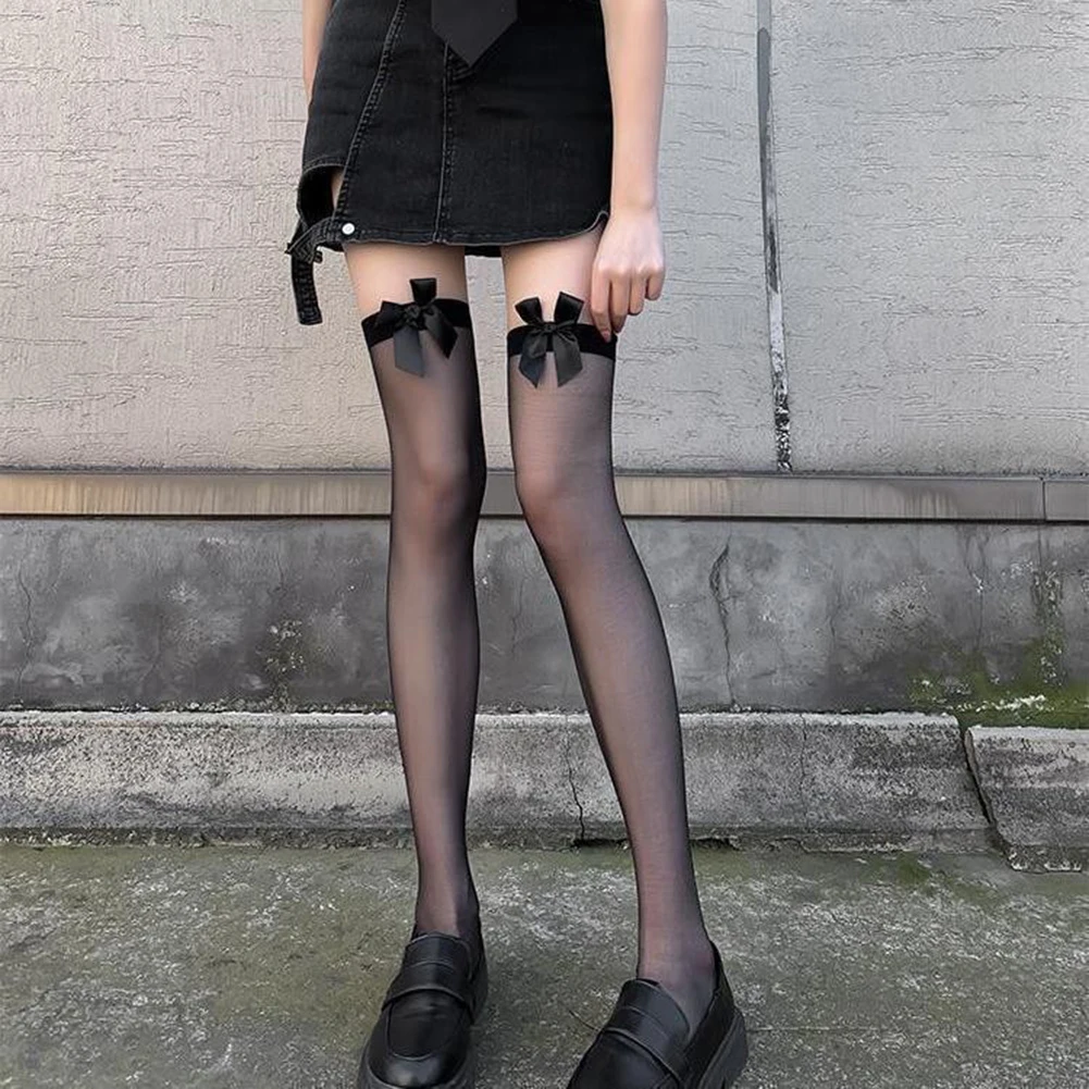 Stocking Women Jk Fishing Net Socks Bow Lace Lace Lace Long Tube Erotic Socks Solid Color Breathable See Through Woman Socks