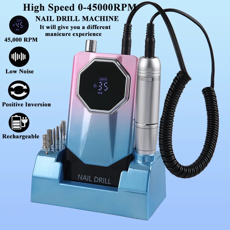 45000RPM Electric Nail Drill Machine With Base Rechargeable Nail Polisher Nail Gel Polish Remover Set Manicure Sander Low Noise