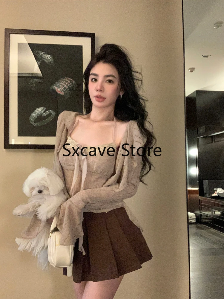 Elegant 2 Piece Tops Set Women Casual Long Sleeve Vintage Cardigan + Sweet Bodycon Strap Vest Outwear Korean Suit 2023 Autumn