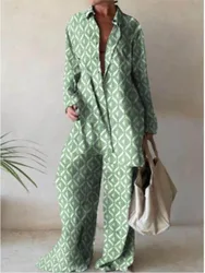 Women's New Fashionable Printed Suit With Loose Long Sleeved Button Up Shirt Straight Jumpsuit Dress For Casual Vacation