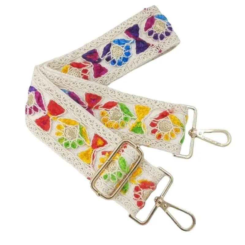 Y1AE Wide Embroidered Purse Strap Band with Secure Metal Clasps at Both Ends