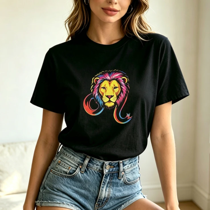 Retro Lion Leo Horoscope Birthday Present Tee Unisex Colorful Zodiac Symbol Cotton Short‑Sleeve T Shirts Casual  Fashion Tops