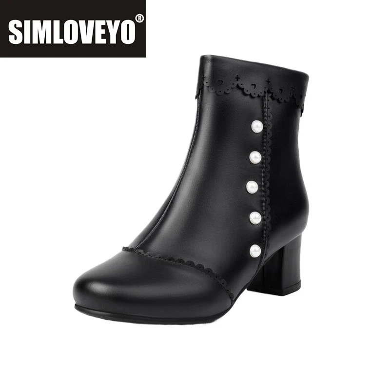 

SIMLOVEYO Милые милые ботильоны с круглым носком, каблук 5 см, вырез, жемчуг, размеры 46, 47, 48 US16 US17, студенческий, черный, белый цвет