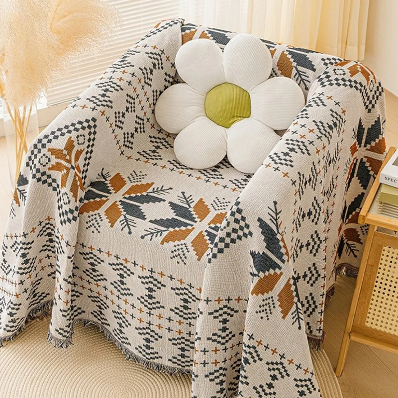 Boho Single Seater Sofa Cover Aztec Couch Throw Blanket with Tassels All-Season Decorative Furniture Slipcover for Living Room
