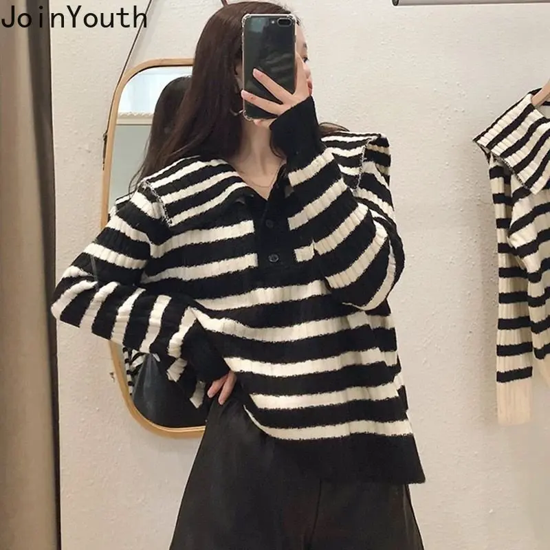 Preppy Style Women Sweater Sweet Peter Pan Collar Oversized Tops Fashion Jumper Knitwear Striped Casual Pullovers Sueter Mujer