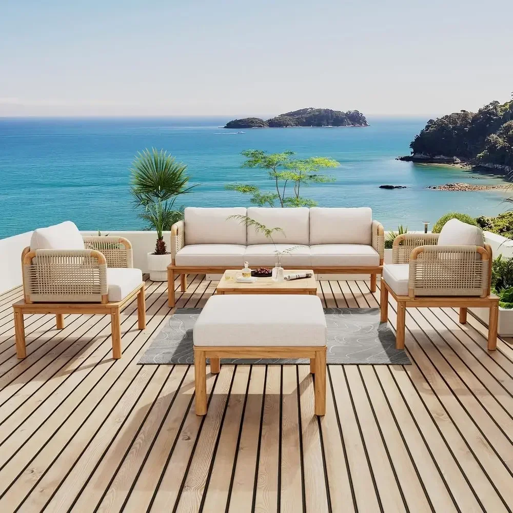 All-Weather Acacia Wood 5-Piece Patio Sofa Set with Coffee Table and Cushions for Outdoor, Garden, Poolside, Balcony