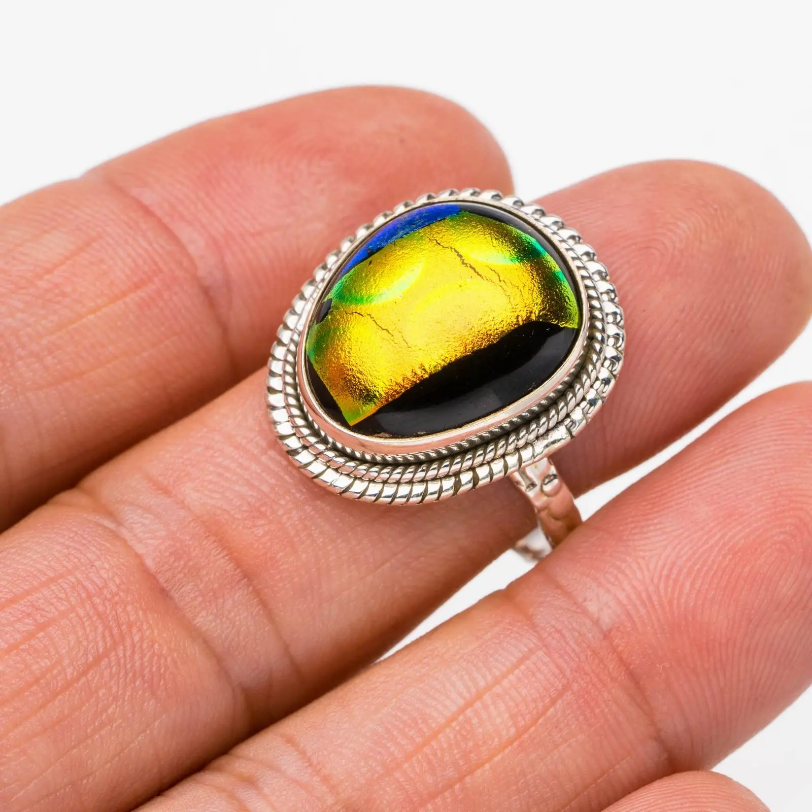 StarGems® Natural Rainbow Dichroic Glass Handmade 925 Sterling Silver Ring 9 E8240