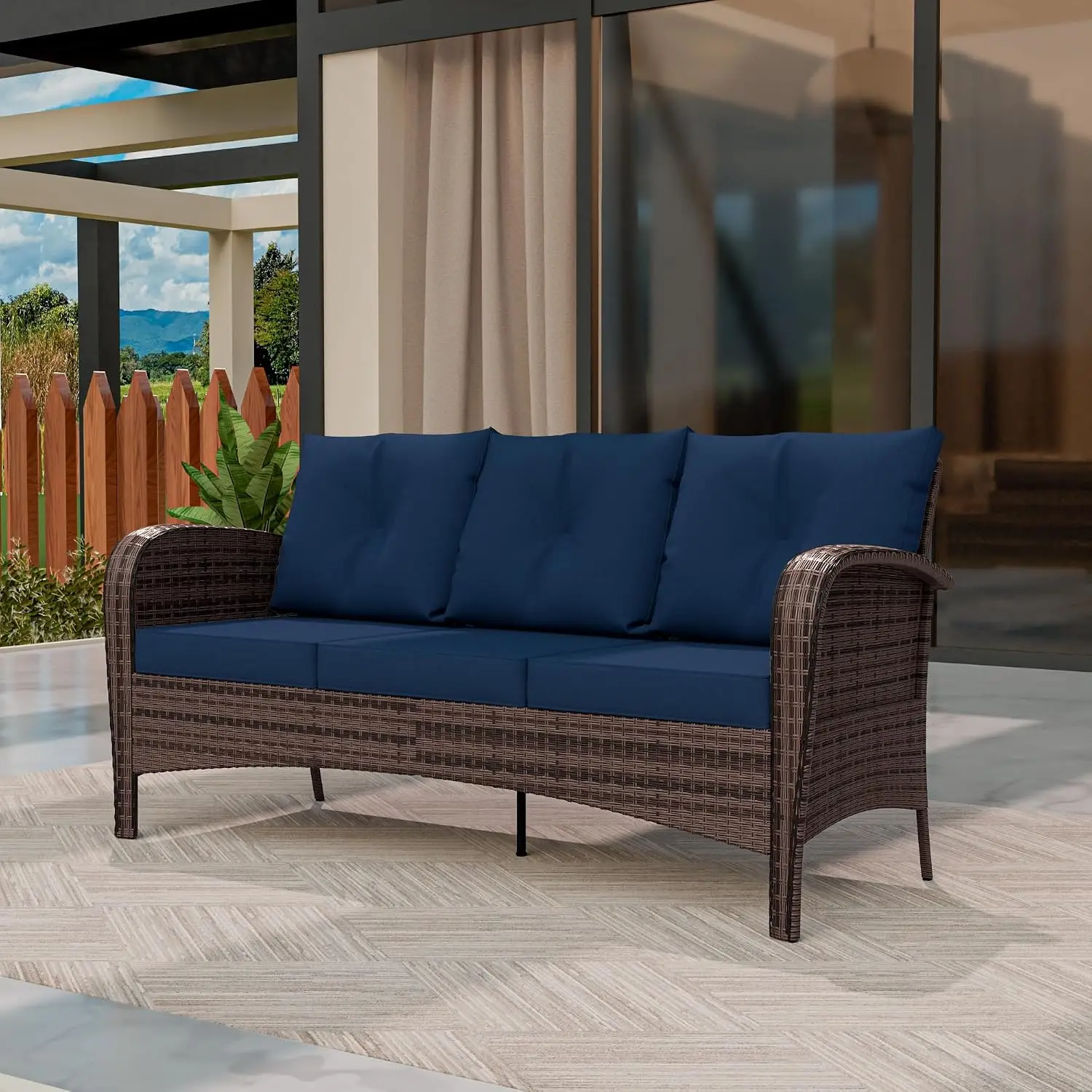 PE Wicker 3-Seater Patio Sofa With Thick Removable Cushions, Rust-Proof Steel Frame, 900LBS Capacity, Customized