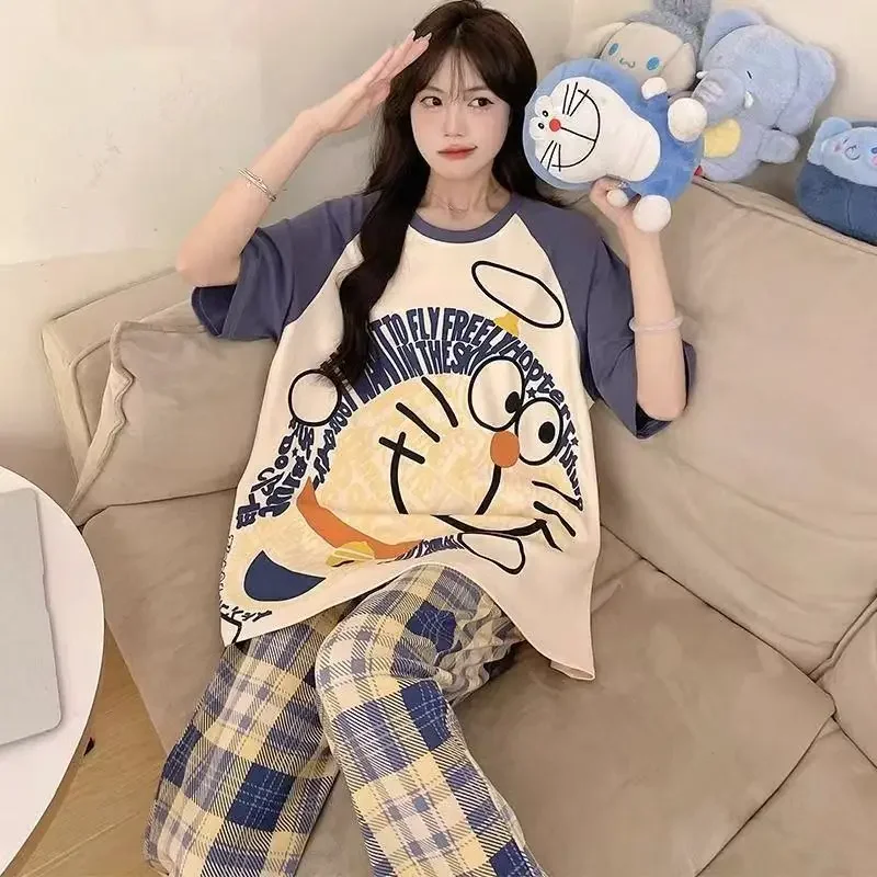 

Летняя одежда для сна, женский пижамный комплект Doraemon, топы с короткими рукавами, брюки, женский удобный повседневный комплект домашней одежды, ночная рубашка
