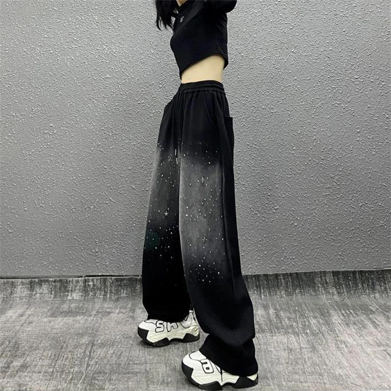 Women Clothing Trendy Vintage Casual Streetwear Harajuku Y2K Sports Baggy Pants Female Oversized Rhinestone High Waist Trousers