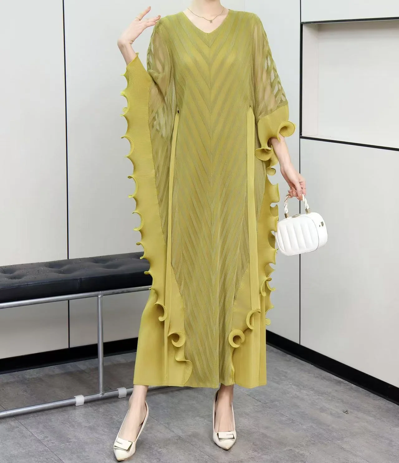 

Miyake Pleated Dress fashion Solid Color Elegent Women's Long Dresses V-neck Chic Ruffle with Belt Summer Vestidos