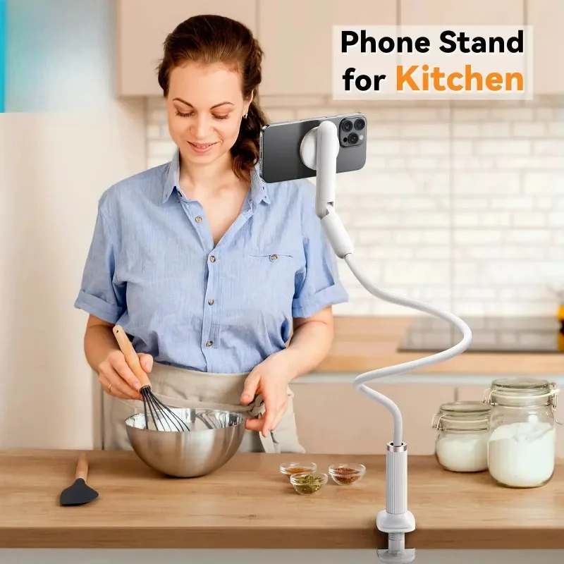 2026 In Stock Phone Stand Holder For Bed Kitchen Magnetic Kickstand Adjustable Long Arm Flexible Lazy Bracket For 4-7In Devices
