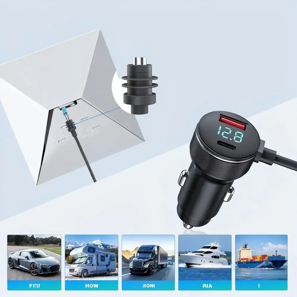 Mini Car Charger Fast Charging USB C Port Digital Voltage Display Waterproof Power Supply For Laptop Mobile Phone