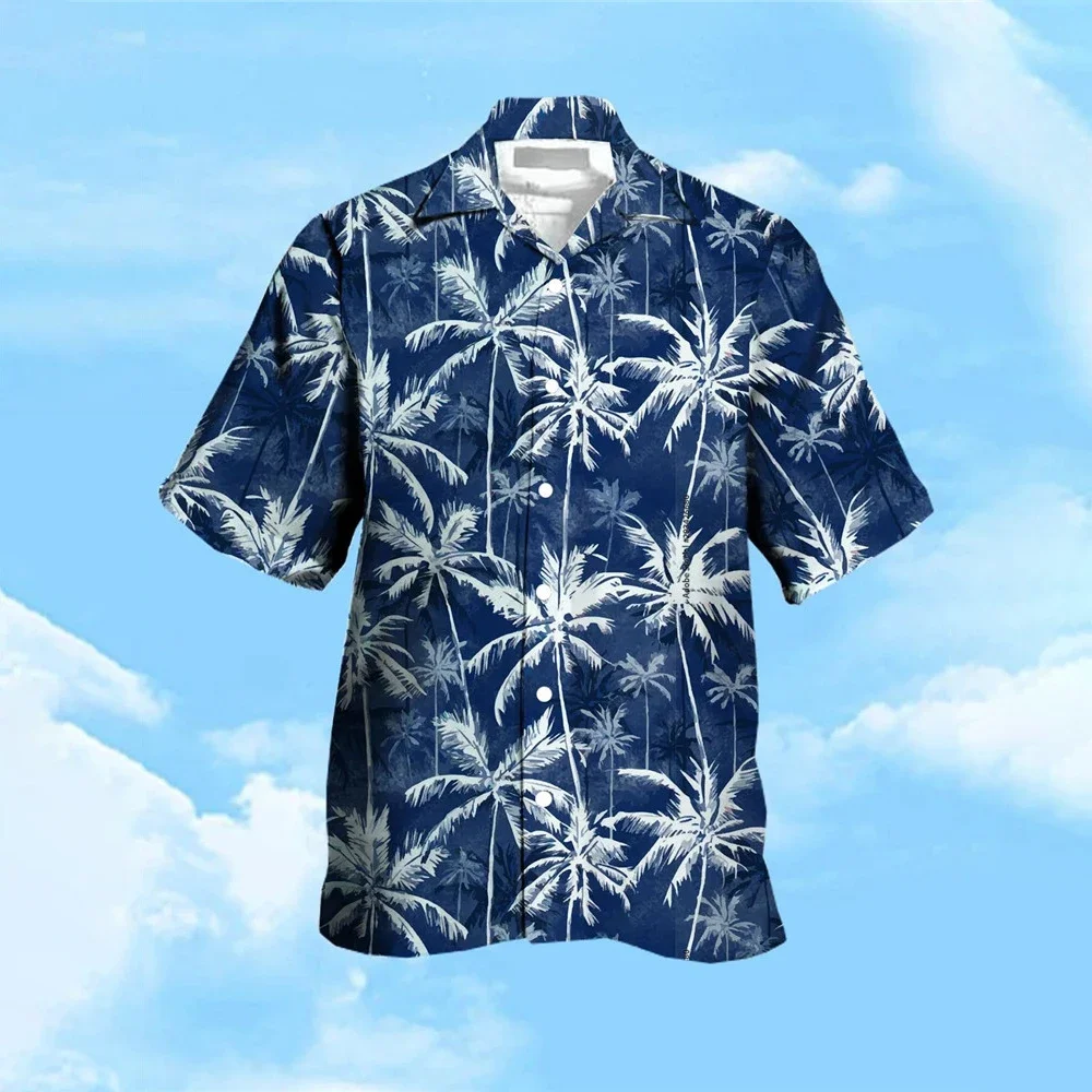 HX Fashion Men's Shirts Hawaiian Polynesia Coconut Tree Shark Art Printed Short Sleeve Shirt for Men Graphics Beach Shirt