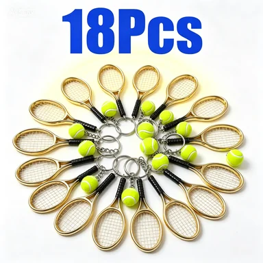 18Pcs Mini Tennis Racket Keychains with Small Tennis Balls, Sports Themed Key Ring Charms for Backpack Bag Decor