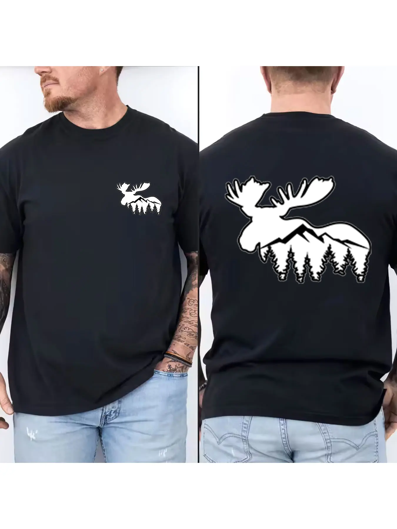 

Men's Cotton T-Shirt with Moose Mountain Forest Graphic, Casual Short Sleeve Tees for Outdoor Enthusiasts, Breathable Soft Summe