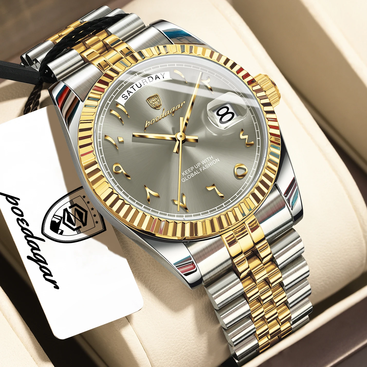 POEDAGAR Top Trendige Herrenuhr Edelstahl Wasserdicht Business Herren Armbanduhr Datum Woche Quarz Kreative Herrenuhren Reloj Hombre