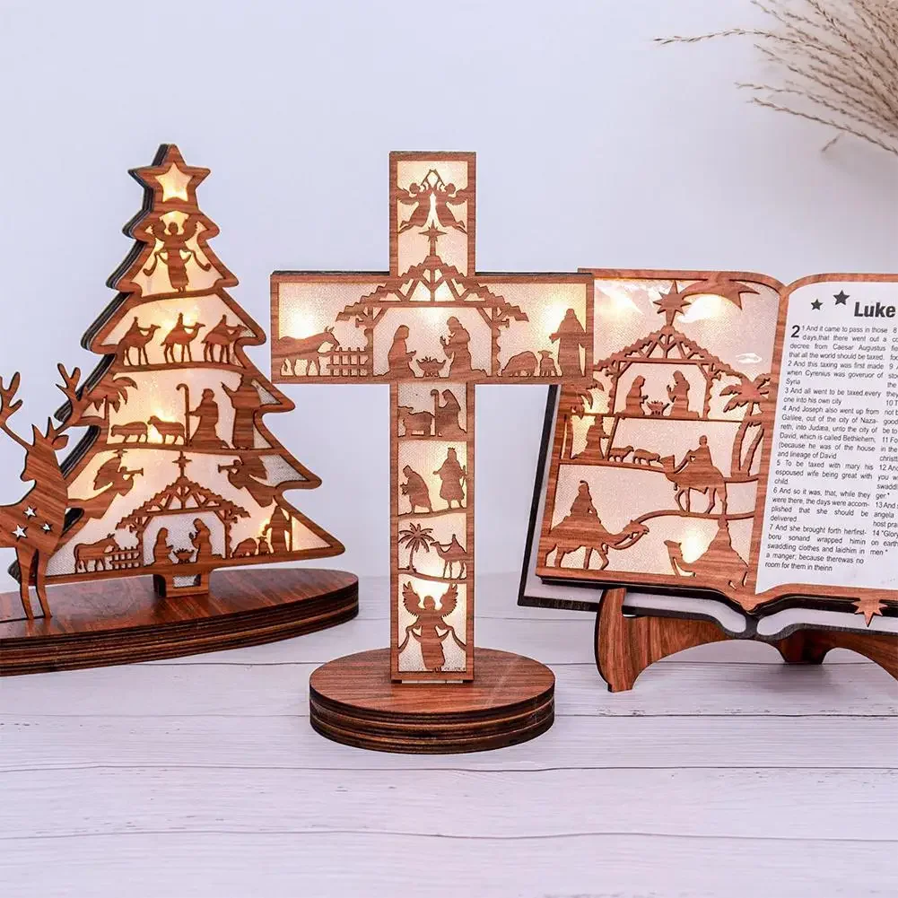 Nativity Scene Figurine Wood Stand Book Bible With LED Light Wooden Xmas Creative Art Craft Christmas Atmosphere Decoration