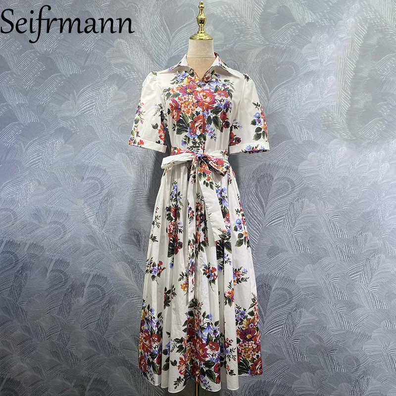 Seifrmann 2026 Frühling Damen Neues Modisches Revers-Kurzarmkleid mit Einreiher, Baumwolle, Bedruckt, Tailliert