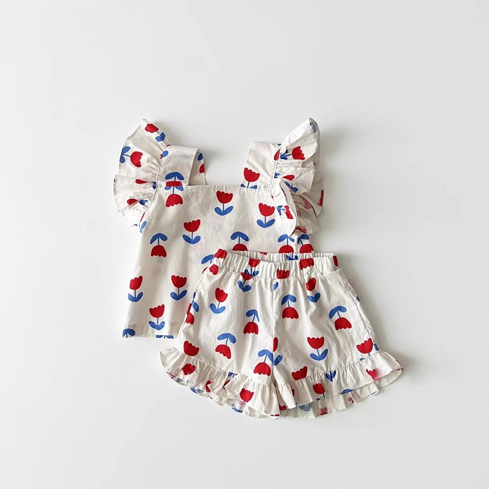 Korean Style Baby Girls Tulip Printed Cotton Suspender Flutter Sleeve Top + Bread Shorts 2Pcs Summer Outfit Set