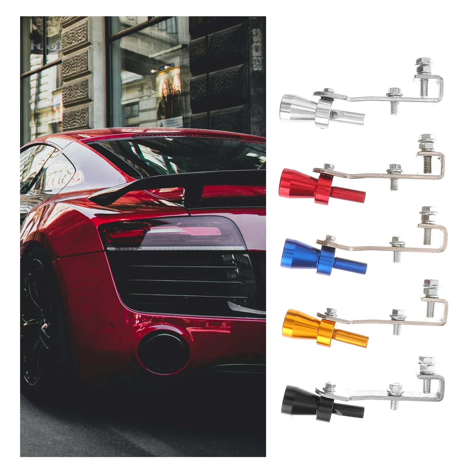 

5 шт., тюнинг автомобиля, турбо-свисток, установка эхолота, симулятор выхлопной трубы, симулятор звука, серебристый, черный, красный, синий