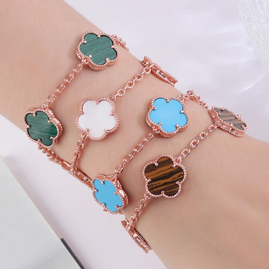 Rose Gold Hot Selling Natural Stone Plum Blossom Plant Five Leaf Flower Adjustable Bracelet 15MM High Quality Gold Plated Clover