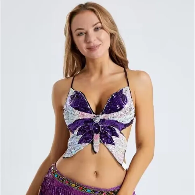  Patterned Belly Dance Top Women's Nightclub Performance Bright Sequin Bralette Crop Top Trendy Ethnic Stage Costume