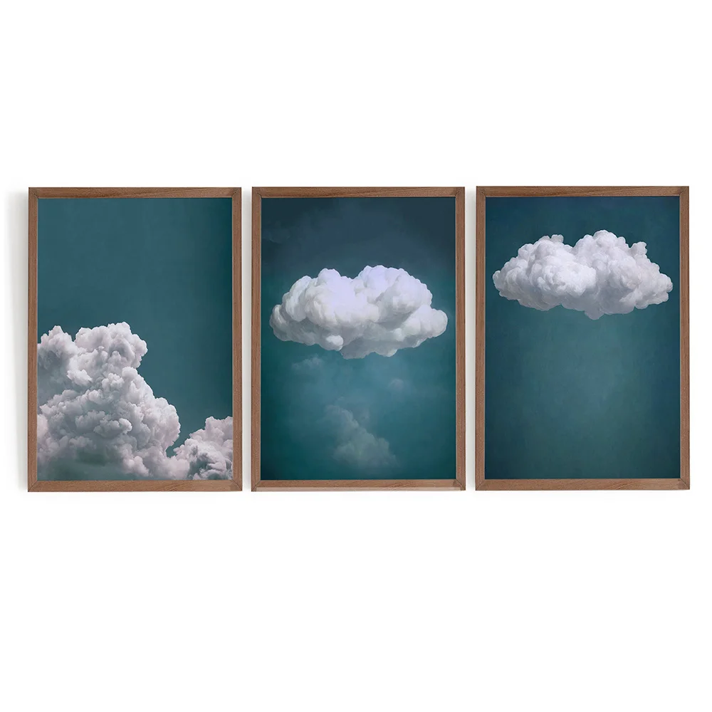 Set of 3 Teal Blue Cloud Prints Moody Cloud Weather Canvas Painting Modern Wall Art Posters for Living Room Pictures Home Decor