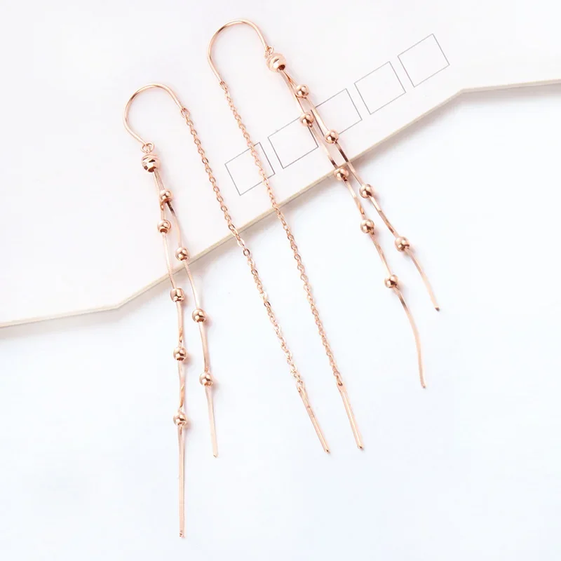 Plated 14K Rose Gold 585 Purple Gold Beaded Earrings for Women Fashion Tassels Long Snake Bone Bead Chain Earings Jewelry