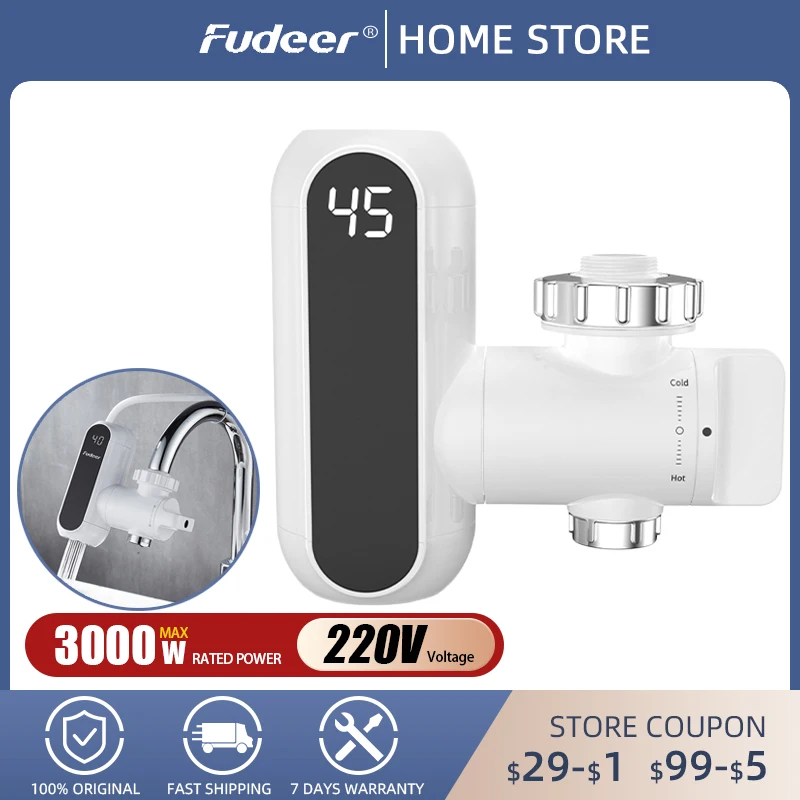 Fudeer Instant Electric Heating Water Kitchen Faucet Connector Tankless Hot Water Tap Adapter 220V 3000W with LED Display Home