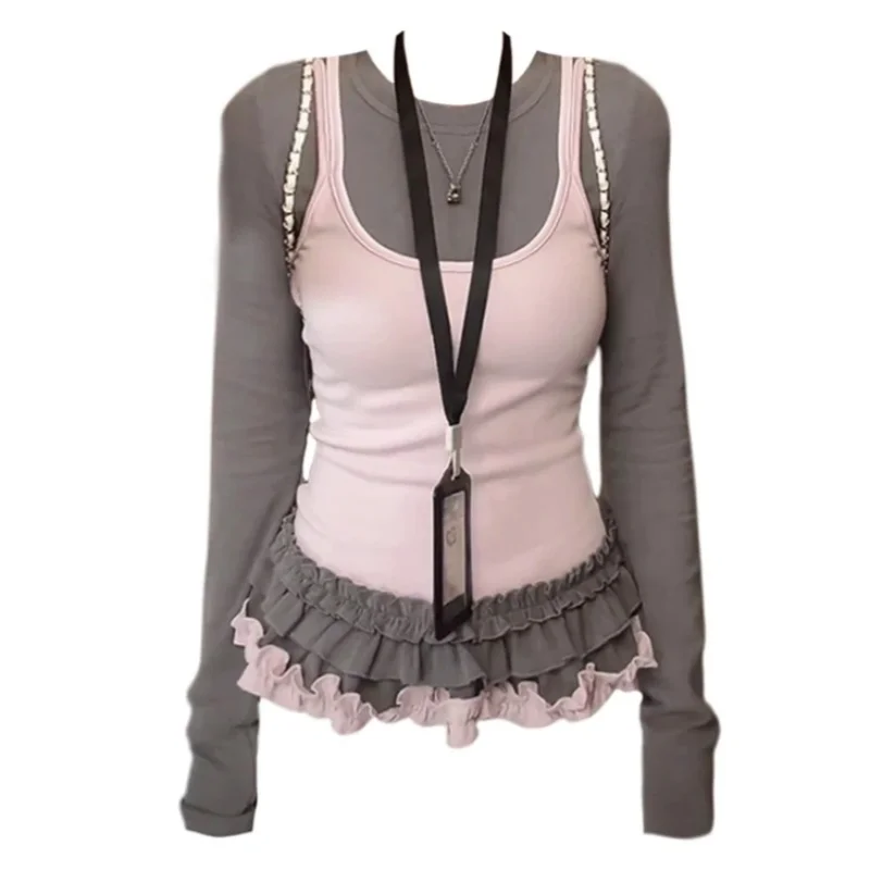 

Spring Women Korean Fashion Shoujo Coquette Long Sleeve Crop Top 2000s Aesthetic Square Collar T-Shirt Fake Two Pieces Tees Y2k