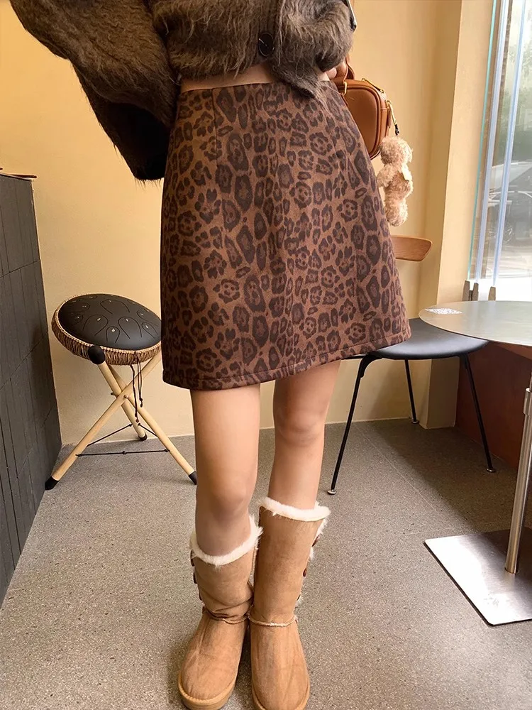 REDDACHiC Suede Leather Mini Leopard Skirt Women Vintage Print High Waist A-line Slim Fit Bodycon Skirt Fall Harajuku Streetwear