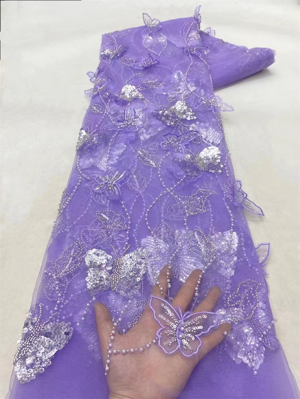 2024 Luxury 3D Lace Fabric Dubai Hand Beaded Tulle Lace Fabric Embroidered Applique African Nigerian Fabric For Sewing