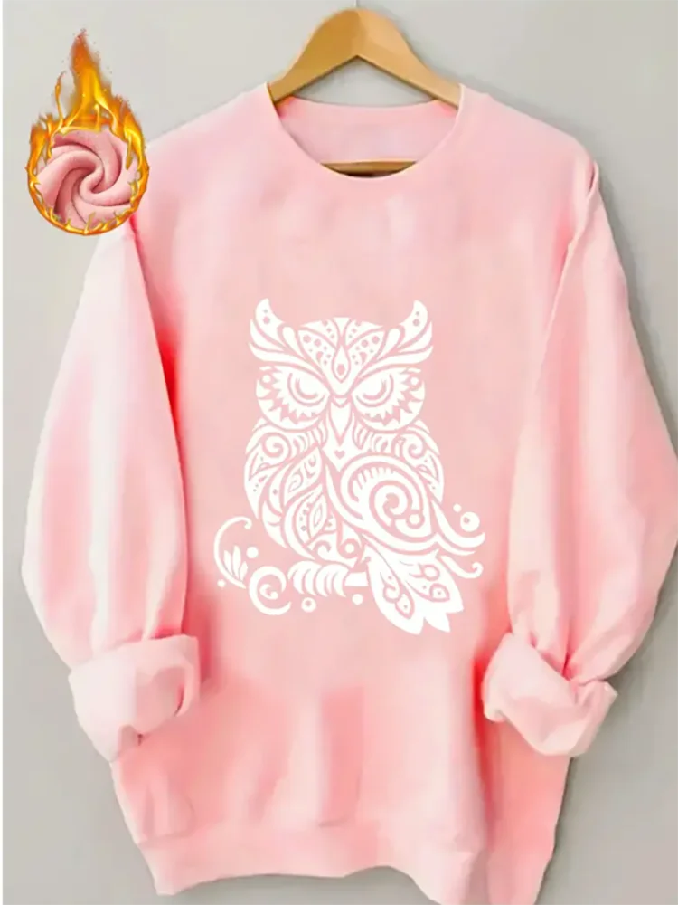 

Женский розовый свитшот с изображением совы и мандалы, повседневный пуловер на флисовой подкладке, топ для любителей животных из чистого хлопка
