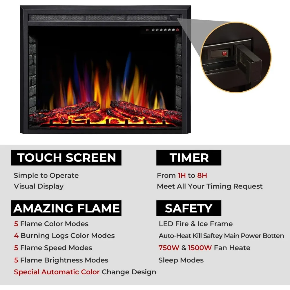 39 مدفأة كهربائية، 5 ألوان لهب قابلة للتعديل، 12 لونًا سجلًا، 5 سرعات سطوع لهب، جهاز تحكم عن بعد، مؤقت، إعلان