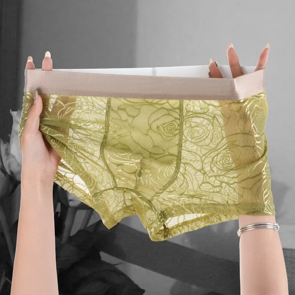 Breathable Ultra-thin Boxer Briefs Mesh Transparent Lingerie Men's Underpants Flower Leopard Dots Shorts Panties Daily Wear