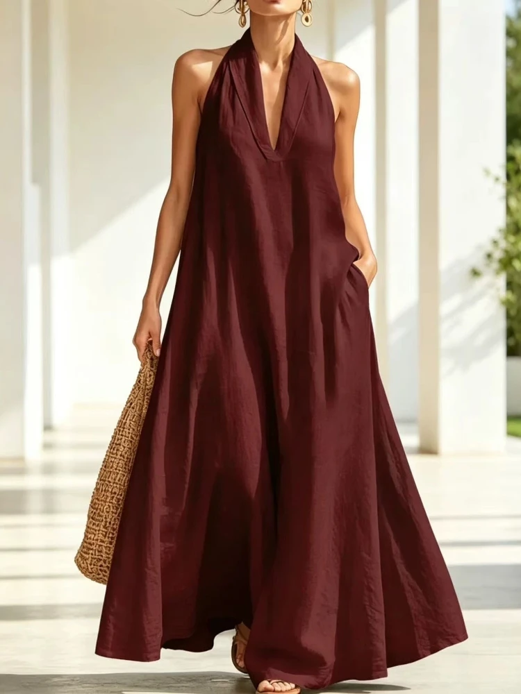 

Fashionable Summer Women's Solid Color Casual Deep V-neck Loose Waist Dress With Elegant Temperament For Commuting Long Skirt