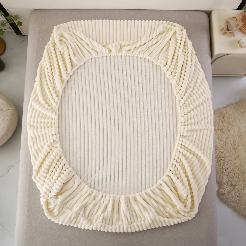 1Pc Solid Color Ribbed Plush Fitted Sheet Mattress Protector Full/Twin/Queen/King Universal for Bedroom Apartment Soft Comfortable Warm Breathable