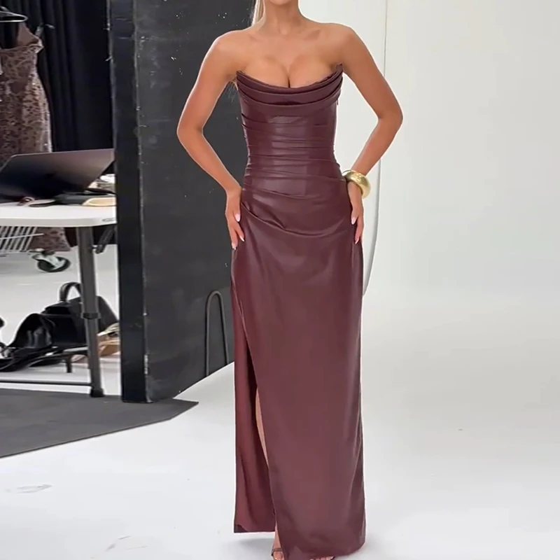 Vestido Sexy de cintura alta sin tirantes para mujer, vestido largo informal con abertura lateral de Color sólido, vestido de banquete calado con espalda descubierta a la moda