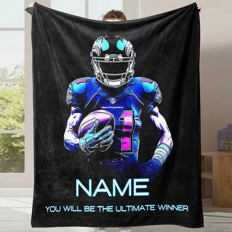 Maßgeschneiderte Flanelldecke für American-Football-Spieler, personalisiertes Namenssportthema, ganzjährig digital bedruckt, weich und warm