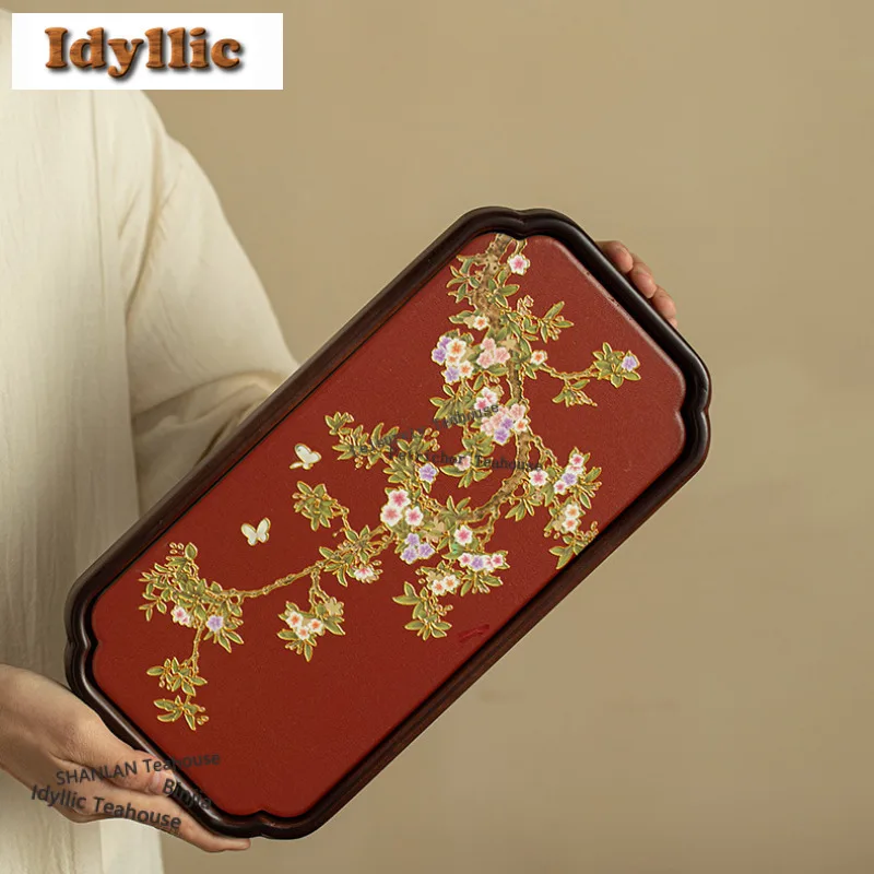 

Gilding Peach Blossom Tea Tray Afternoon Tea Dessert Plate Coffee Storage Board Teapot Stove Insulation Dishes For Serving Gift