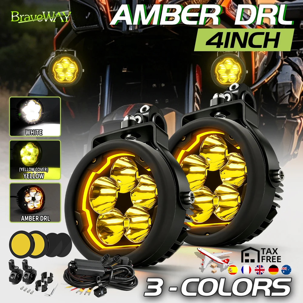 BraveWay 4 Zoll Runde Motorrad-LED-Nebelscheinwerfer IP68 Bernsteinfarbenes Tagfahrlicht Offroad-Bike Zusatz-Nebelarbeitsleuchten Komplettes Zubehörset