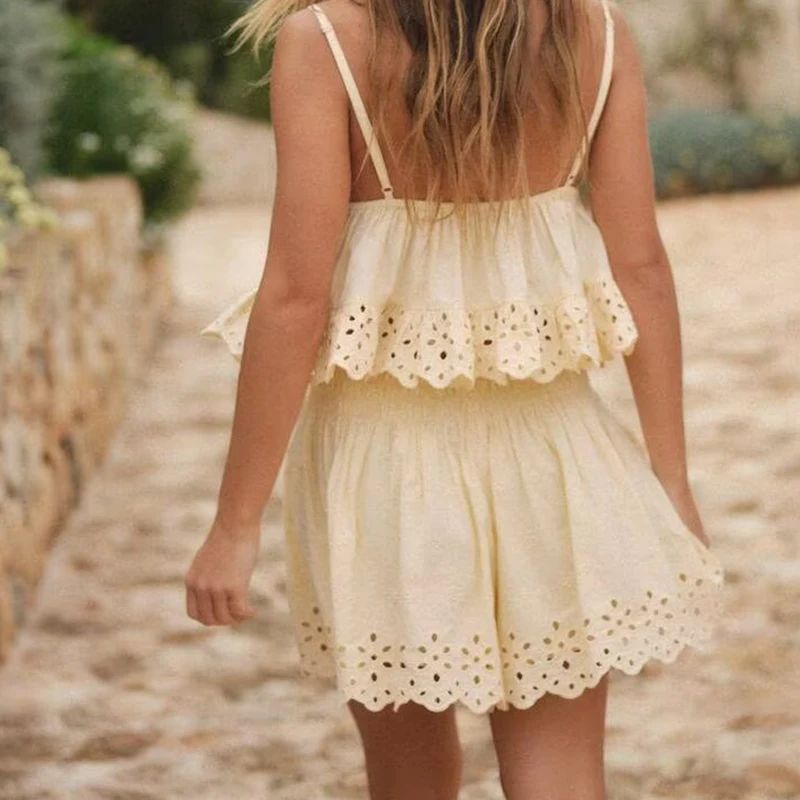 YENKYE New 2025 탄성 높은 허리 수 놓은 반바지 여성 노란색 휴일 캐주얼 여름 pantalones cortos