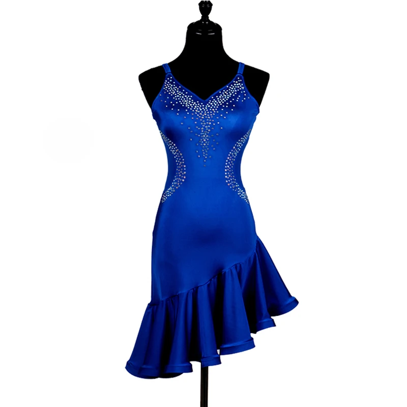 Abito da tango con strass Nero Blu navy Linea Abbigliamento da ballo Donna Costume da ballo latino Bretelle Abiti da competizione Samba Nuovo