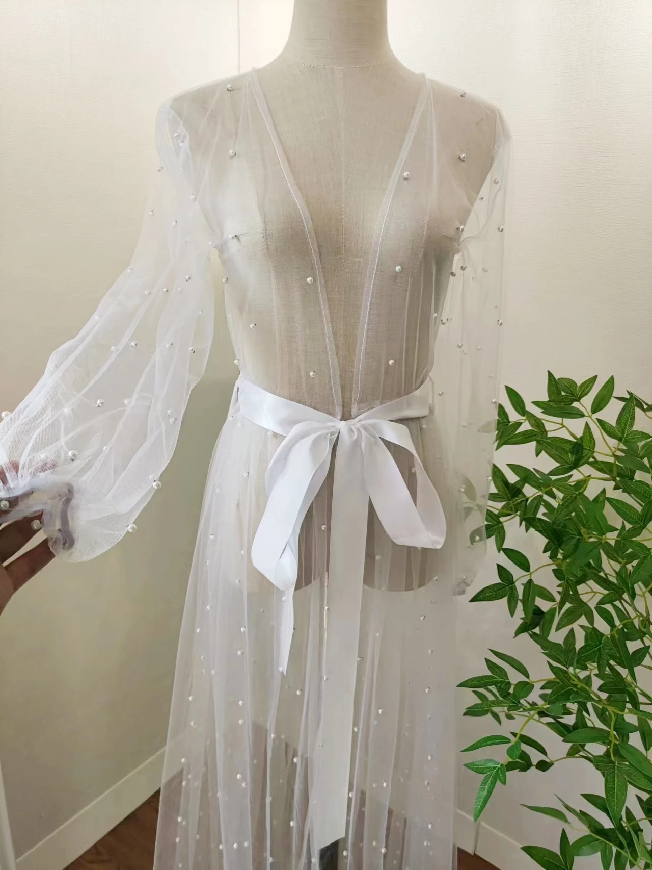 Laço luminoso e pérolas nupcial robe para a noiva, luxuoso tule puro robe, quimono espumante, dia do casamento, véu de luxo